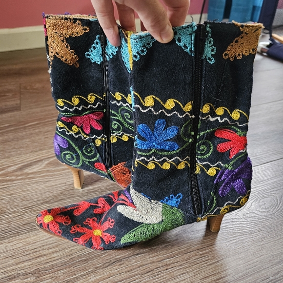 Colorful Rainbow Embroidered Maximalist Funky Gnarly Kitten Heel Boots - Picture 7 of 9